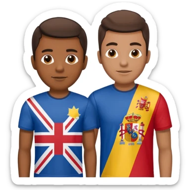 2 male Best buds , one in showing Philipine flag tshirt, one is Spain, in UK flag background sticker