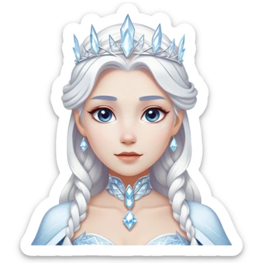 Cinematic Majestic Snow Queen Portrait Emoji, rendered in a clean, vector-style with bold, simplified shapes. Show Elsa with a serene, noble expression, luminous icy skin and gracefully styled platinum hair adorned with subtle crystalline accents, her attire minimal yet majestic. The design radiates a cool, crystalline glow with high shine and a soft glowing outline, embodying timeless, frosty elegance. sticker