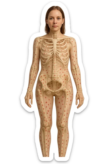 donna realistica a figura intera con red spot sparsi alle ossa, ossa del corpo visibili sul corpo, non sul volto iperrealistico 4k sticker