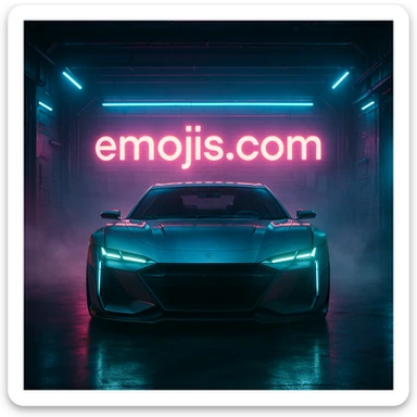 Cinematic still of a futuristic car parked front to camera inside neon garage with led behind saying "emojis.com", room fill with haze, very detailed and futuristic ,inspired by cyberpunk 2077 sticker