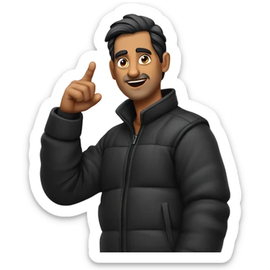 Indian man wearing a black puffer with sleeves rolled up to his mid forearm with black hair and in his 50s with receded hairline and no beard who is talking while pointing with his right arm and talking to the right side sticker