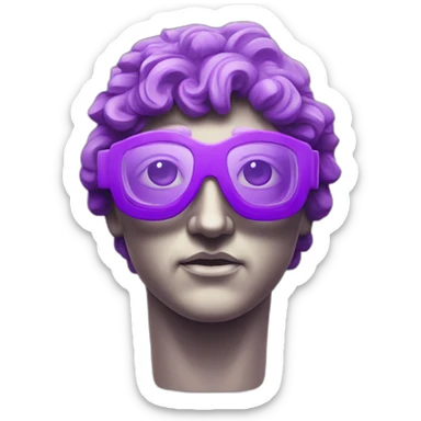 an EMOJI OF A ancient young greek statue, wearing VR glasses, purple colors, DIGITAL UNIVERSE sticker
