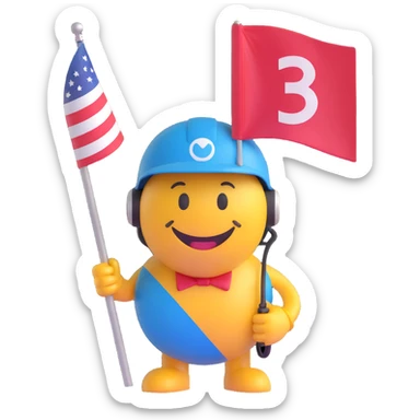 3D smiley emoji, round shape, motorcyclist with flag: holding flag, wearing helmet, smiling face sticker