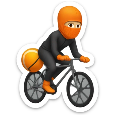 A man with orange balaclava and jumpsuit bicycling sticker