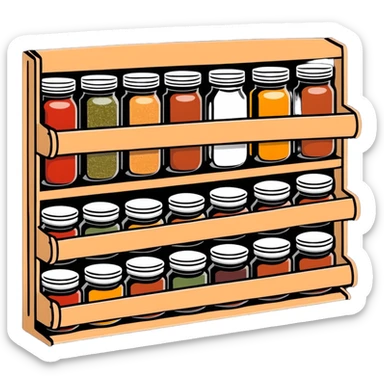 A wooden spice rack with various labeled jars of spices sticker