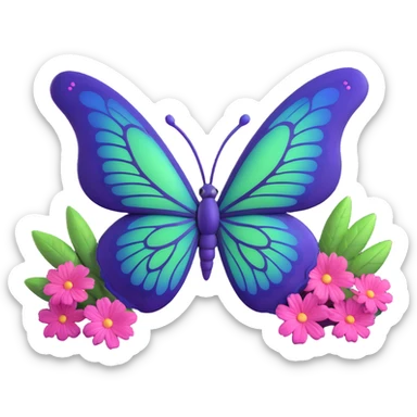 magical butterfly with #c0ff53 green wings, deep purple trim, glowing softly, detailed veins, layered textures, pink flowers blooming on wing edges, surrounded by pink dust cloud, sparkling dust, mystical light bursts, pastel orbs, deep blue elegant body, 3D cartoon, fantastical sticker