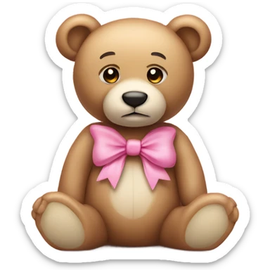 Beige teddy bear with innocent eyes wearing a pink bow on its right ear sticker