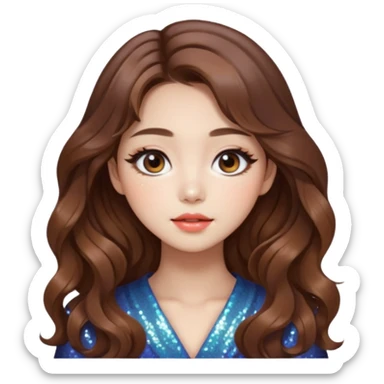 “korean brown hair Emoji girl, soft eyeliner, gradient lips, light brown shimmer eyeshadow, sparkly aegyo-sal, long wavy hair,  sticker