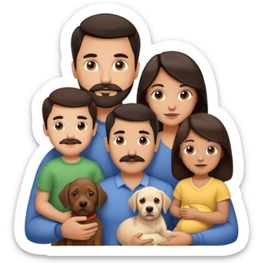 A white family with 3 kids. Dad has sark eyes, dark hair, moustache and beard, mom has long dark hair and grey eyes. Oldest boy has dark hair and eyes, middle girl has brown hair and grey eyes and youngest child is a baby. They also have a labrador sticker