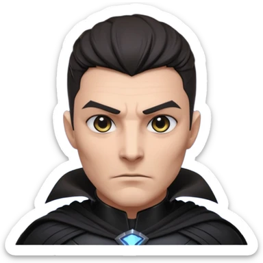 dark sci-fi villain portrait, head and shoulders only, black armor, cape collar, intense eyes, dramatic lighting, 3D cartoon, mobile game icon, clean background, no text
 sticker