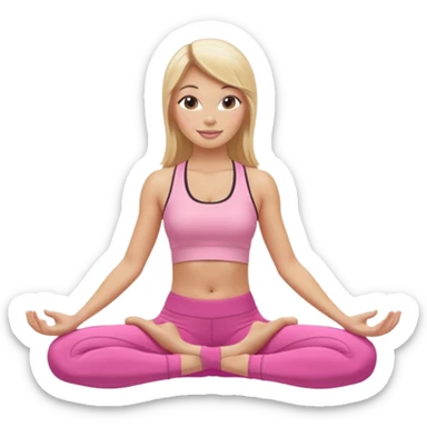 Mujer color de piel moreno con cabello rubio suelto y lacio y largo, que tenga gloss en los labios y se vea usando Blush rosita, usando un top rosa deportivo y leggins deportivo rosa en una pose de yoga sentada, viendo hacia enfrente con ojos negros y sonriendo sin mostrar los dientes sticker