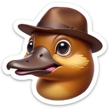 Cinematic Comical Platypus Portrait Emoji, Head tilted dramatically with an exaggeratedly amused expression, featuring a striking, glossy brown fur with a whimsically flat duckbill and wide, expressive eyes full of playful disbelief, Simplified yet hilariously expressive features, highly detailed, glowing with a slightly sassy glow, high shine, dramatic yet playful, stylized with an air of cheeky aquatic mischief, bright and endearing, soft glowing outline, capturing the essence of a spirited and over‐the‐top platypus, so meme‐worthy it feels like it could quack its way into internet fame instantly! sticker