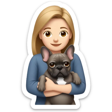light brown hair woman hugging a dark gray french bulldog sticker