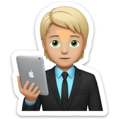 a young boy of about 20 with blond hair that is medium length, he is dressed in suit with tie and jacket, tie blue jacket black, in his hands he has a gray macbook, and black iphone. green-brown eyes sticker