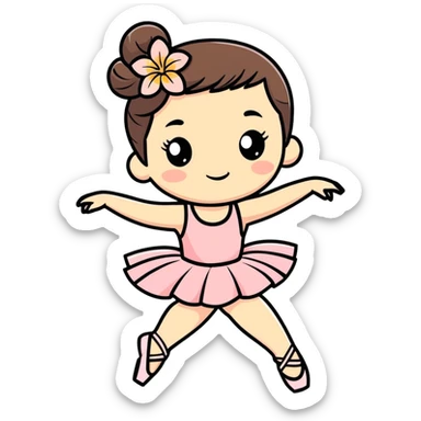girl with a Hawaiian flower in her hair, wearing ballet heels, doing ballet with a bag sticker