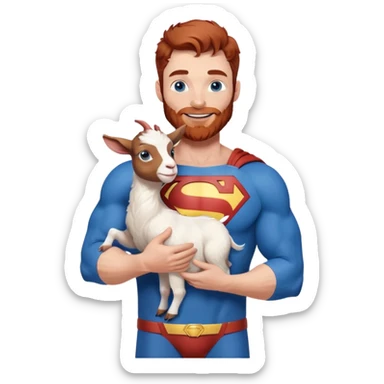 Full body Adult Superman Blue Eyes Scruffy Redish hair and redish trimmed Beard Muscle happy holding a blue happy baby goat sticker