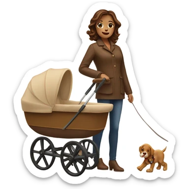 beautiful mother with brown hair. next to caramel baby carriage sticker