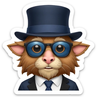 furry brown dwarf creature with a big nose and wears dark sunglasses, a black top hat, and navy blue tie. sticker