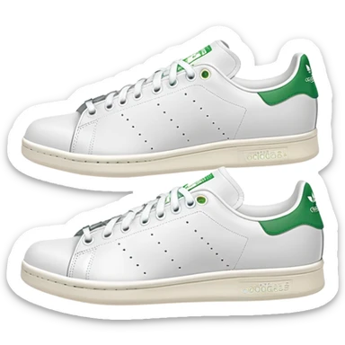 Pair of Adidas Stan Smith sneakers in white and green colorway, one positioned behind the other, both shoes shown from side angle sticker