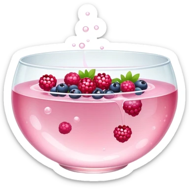 A clear glass bowl filled with bubbly light pink liquid with chunks of various berries floating in it sticker