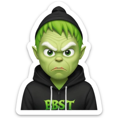 Create an avatar of white european male in hoodie with ``BST`` letters on it. make him look like grinch from movie sticker