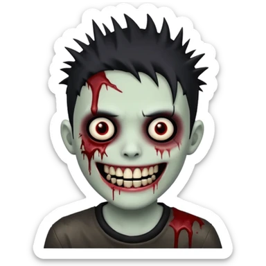 zombie boy with emo spiky hair, white skin, and white eyes; an open smile, and bloodied teeth; sticker