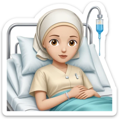 leukemia patient in a hospital bed with a headscarf and IV drip, nurse nearby sticker