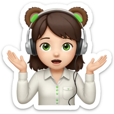 Chibi girl, dark brown hair, green eyes, wearing a white shirt and small brown bear ears on a headset, with wide happy surprised eyes and mouth and clapping excitedly sticker