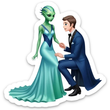 alien reptilian green skin woman, in long slim pastel blue formal party satin dress with gradient shiny sparkling navy blue diamonds embroidered , and caucasian man in black dres on his knees asks her to marry her sticker