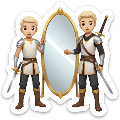 A person standing in front of a mirror, looking, while a sword on the floor. The mirror represents self-awareness and acceptance sticker