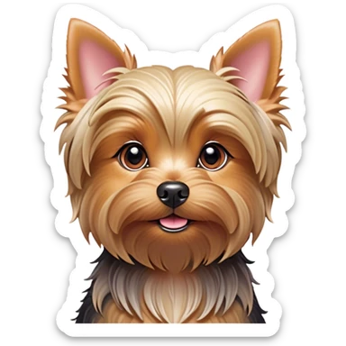 Cinematic Cute Yorkshire Terrier Portrait Emoji, Head perked with bright, twinkling eyes and a perky expression, showcasing a soft, silky fur in rich hues, simplified yet adorably detailed, glowing with a cheerful, inviting glow, high shine, exuding playful intelligence and spunky charm, styled with a gentle, whimsical outline, capturing the essence of a cute Yorkshire Terrier that appears ready to frolic off the screen with irresistible energy! sticker