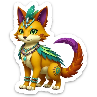 Kawaii cute reddish orangish yellowish greenish purplish exotic tribal beautiful pretty elegant divine edgy feline-vernid-sergal-Fakémon-Pokémon-Digimon-fursona-animal-creature with bracelet, necklace, full body, with intricate detailed markings, feather headdress  sticker