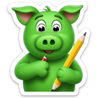 green piggy holding a pencil in his hand sticker