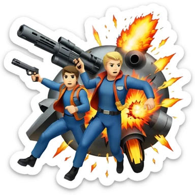 Icon for Action Movies Collage: Collage of iconic action movie elements, including explosions, a hero with weapons, a high-speed chase, and dramatic fight scenes. The design should be dynamic, colorful, and full of energy, capturing the essence of action films. Transparent background. sticker