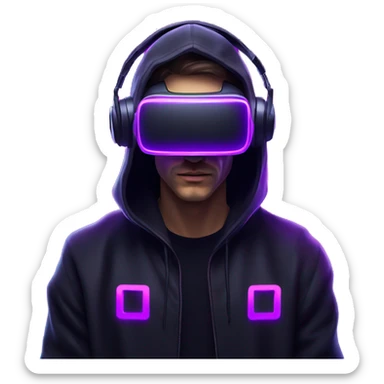 Russian man wearing a black hoodie with "OMG" letters on it and VR headset in a cyberpunk VR environment with violet neon lighting. sticker
