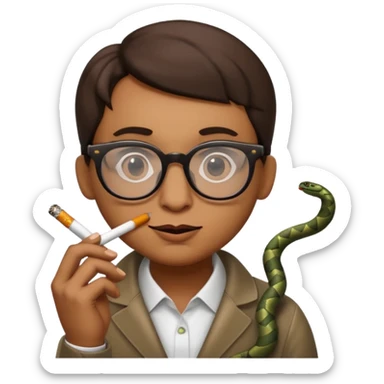 can you create a sneaky SNAKE with big glasses smoking a cigarrette - with light brown hair, with hands on her chin as if she's innocent but with a bitchy look in her eyes and cigarrette in the mouth - the emoji itself is a snake with all these characteristics sticker