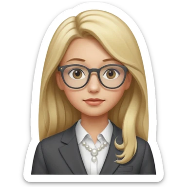 Please take the girl with laptop emoji and make her glassess light brown and her nose a bit smaller and pointier and she has blonde long hair and a dark grey suit and pearls sticker