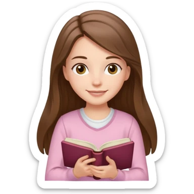 happy white long brunette hair girl with hazel eyes wearing light pink reading a book  sticker