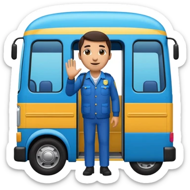 3D emoji of a Peruvian bus fare collector (“cobrador”), leaning out of a urban blue bus. door calling passengers, dynamic pose, urban street vibe, vibrant colors, bold outlines, sticker illustration, transparent background sticker