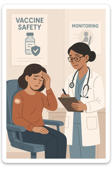 Vertical, educational medical illustration: a healthcare professional observes a patient who appears unwell after receiving a vaccine. The patient sits in a clinic chair, showing mild symptoms such as fatigue or headache, while the professional takes notes and offers reassurance. The background includes educational posters about vaccine safety and monitoring. sticker