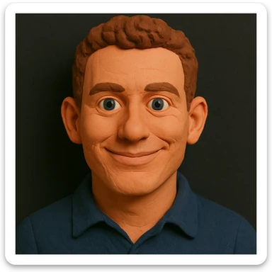 Claymation portrait with a younger face, narrower nose, narrower chin, friendly and confident facial expression, slightly larger forehead, anthracite background. Full head and hair in the frame, nothing cropped. sticker