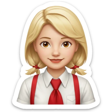 A Soviet pioneer girl emoji — smiling young girl wearing a white shirt and a bright red pioneer necktie tied in a loose triangle knot with wide ends (not a formal tie). No hat or headwear. Blonde hair, friendly face, flat minimal emoji style, Apple emoji aesthetic, clean outlines and soft shading. sticker
