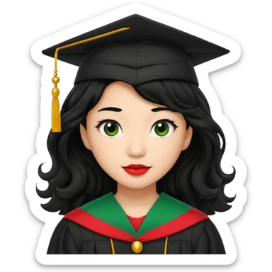 College Graduate asian black hair with wavy hair long  with black red stash with green benilde on the middle sticker