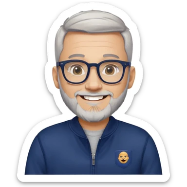Light-skinned man with tight fade haircut (nearly shaved sides fading to very short on top), short graying beard, big black glasses frames, happy smile, navy blue zip-up sweatshirt with long sleeves sticker