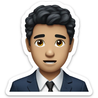 Teenage boy with black hair and dark brown eyes and fair skin in a navy blue dress shirt with a black tie shocked face sticker