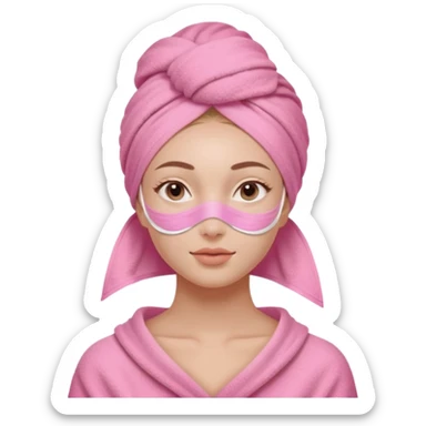 Clean girl influencer character, chest-up portrait, wearing a pink towel wrapped around the head, facial skincare mask on face, relaxed confident expression, soft glow skin, minimal chic aesthetic, subtle beauty accessories, calm self-care vibe sticker