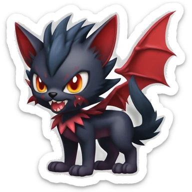   cool edgy beautiful fantasy anime-style dark animal vampiric Litten-Zoroark-Nargacuga-cat-hybrid Fakemon with big fangs and bat-ears full body sticker