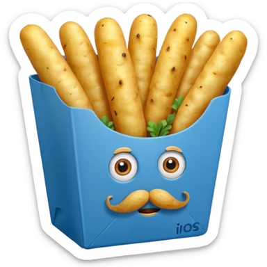 long slim fried potatoes in a blue carton, carton has eyes and mustache sticker