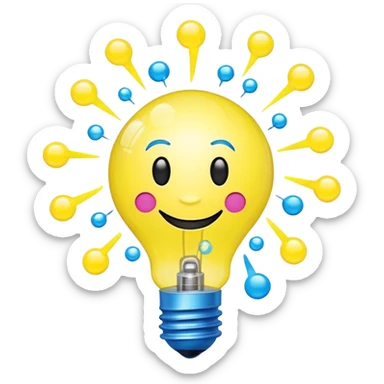 bright yellow lightbulb with happy face emoji, rotating atom inside, floating chemical bubbles, small electric blue lightning bolt on top, neon yellow, electric blue, bright pink colors, representing youthful creativity and science sticker