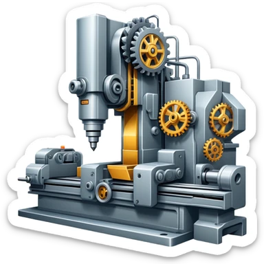 An icon featuring a giant machine tool in a factory, manufacturing machines. The design includes gears, mechanical parts, and a production line, representing the art of mechanical engineering and industrial design. Transparent background highlights precision engineering and manufacturing processes. sticker